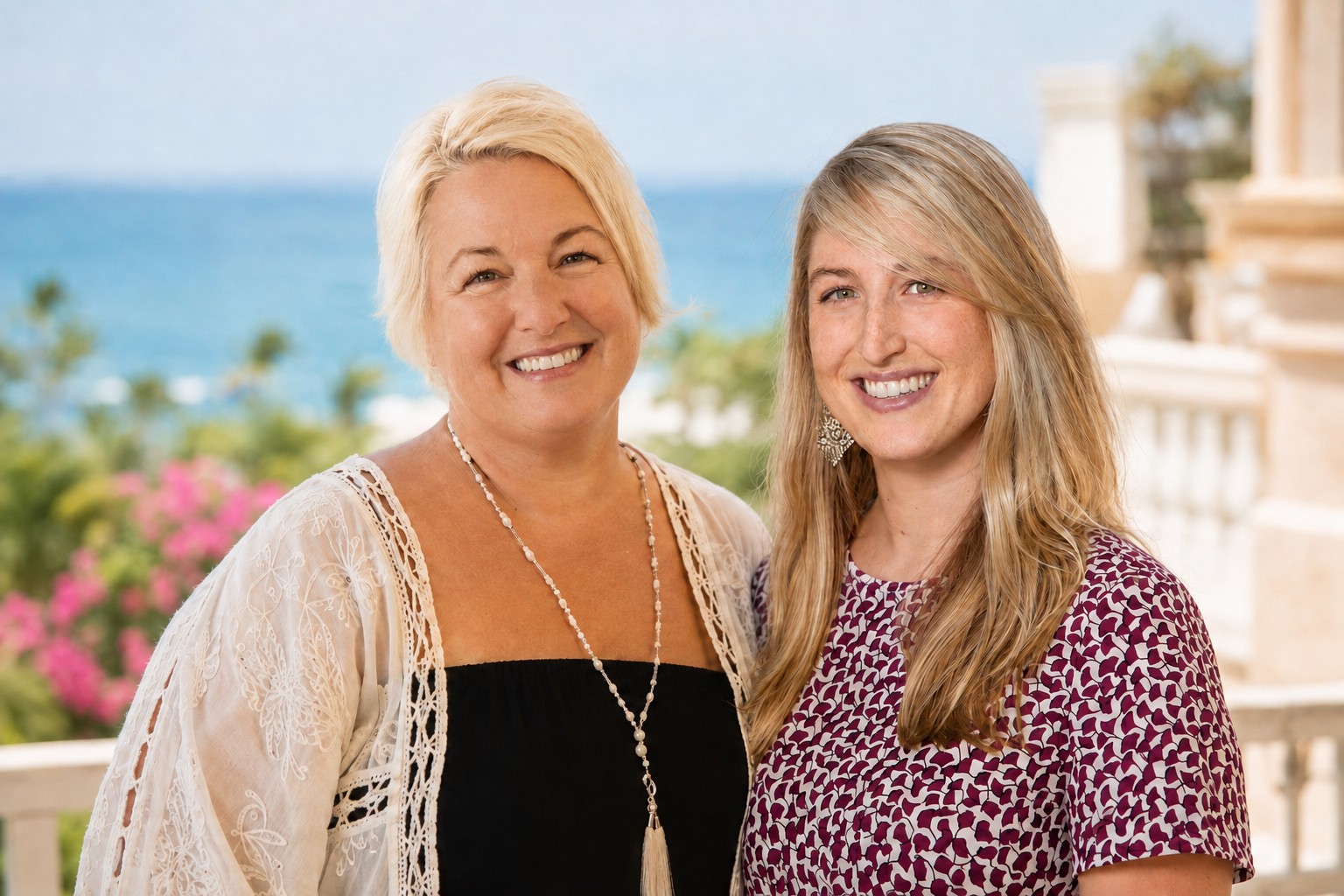 AI-created portrait of Jenn and Caitlin together by the coast