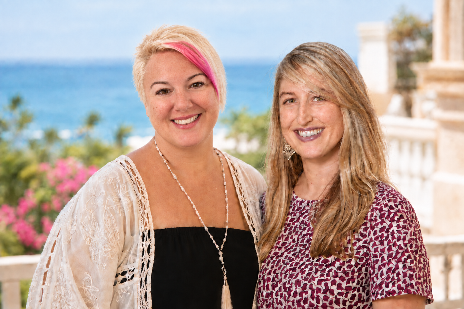 AI-created portrait of Jenn and Caitlin together by the coast