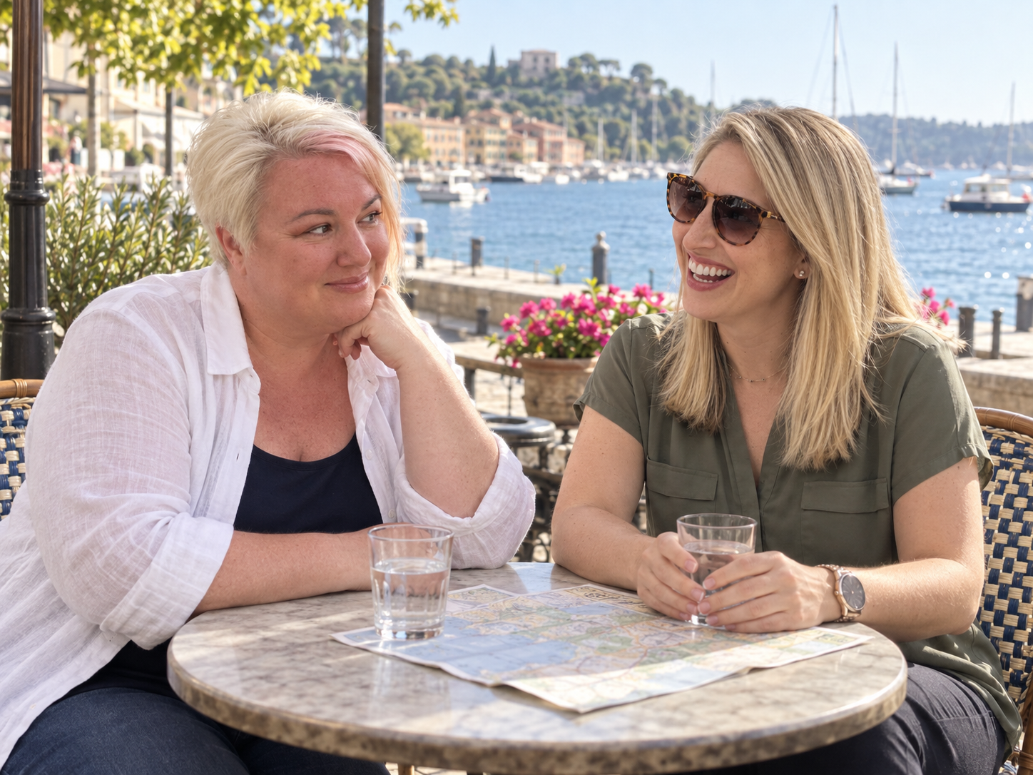 AI-created illustration of Jenn and Caitlin chatting at a waterfront café, inspired by their other travel photos